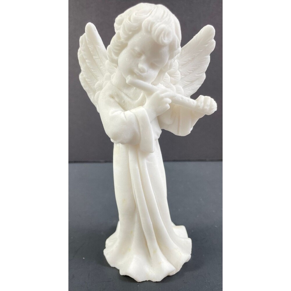 White Alabaster Angel w/ Flute Figurine 6.25" Italy Vintage